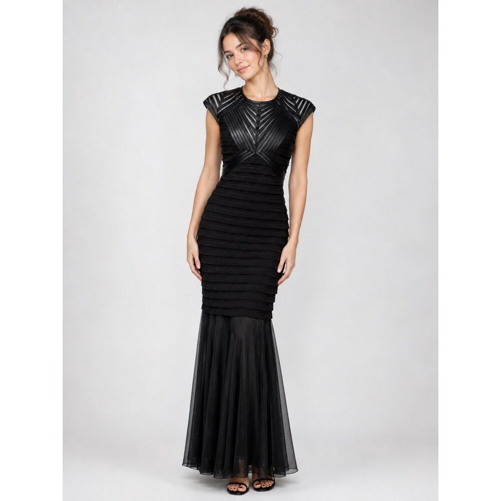 Betsy & Adam Black Pin Tucked Pleated Mermaid Evening Gown Formal Dress Flaw
